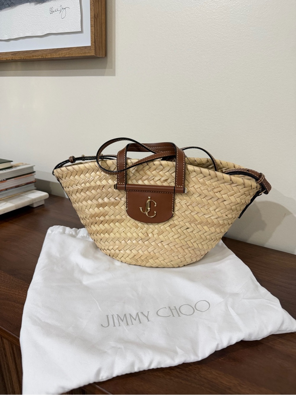 Jimmy Choo Natural Straw Tote with Brown Leather Accents and Gold JC Logo